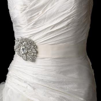 Handmade Silver Crystal Floral Design Brooch Bridal Sash Belt
