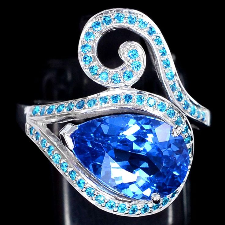 Vintage 3.6CT Pear Cut Swiss Blue Topaz Blue Apatite Halo Ring