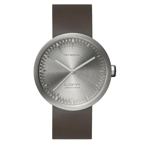 LEFF Amsterdam tube watch D42 with brown leather strap steel finish