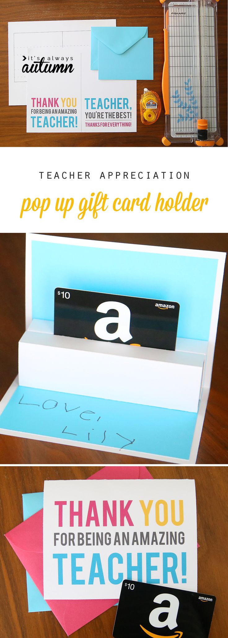 How to make a DIY pop up gift card holder for teachers. Easy and practical teach...